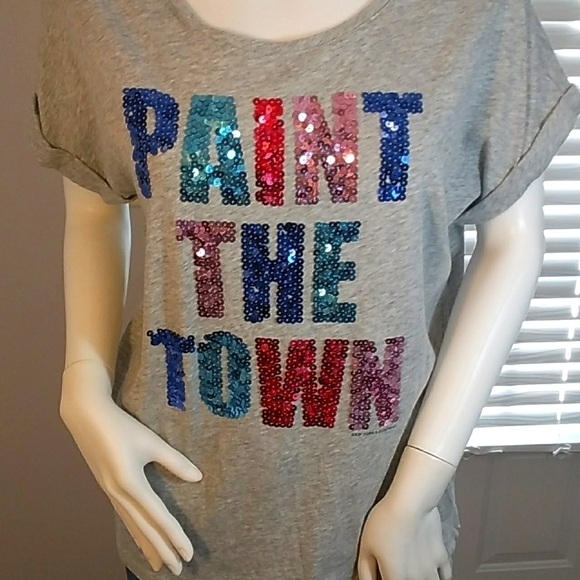 Soho New York & Company Womens Gray Sequin Roll Up Cap Sleeves Tee Shirt Size M - Picture 4 of 10